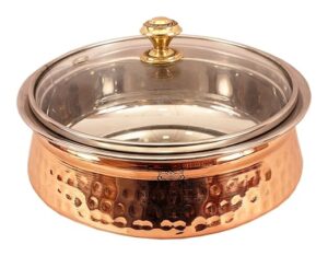 INDIAN ART VILLA Steel Copper Serving Handi with Glass Lid